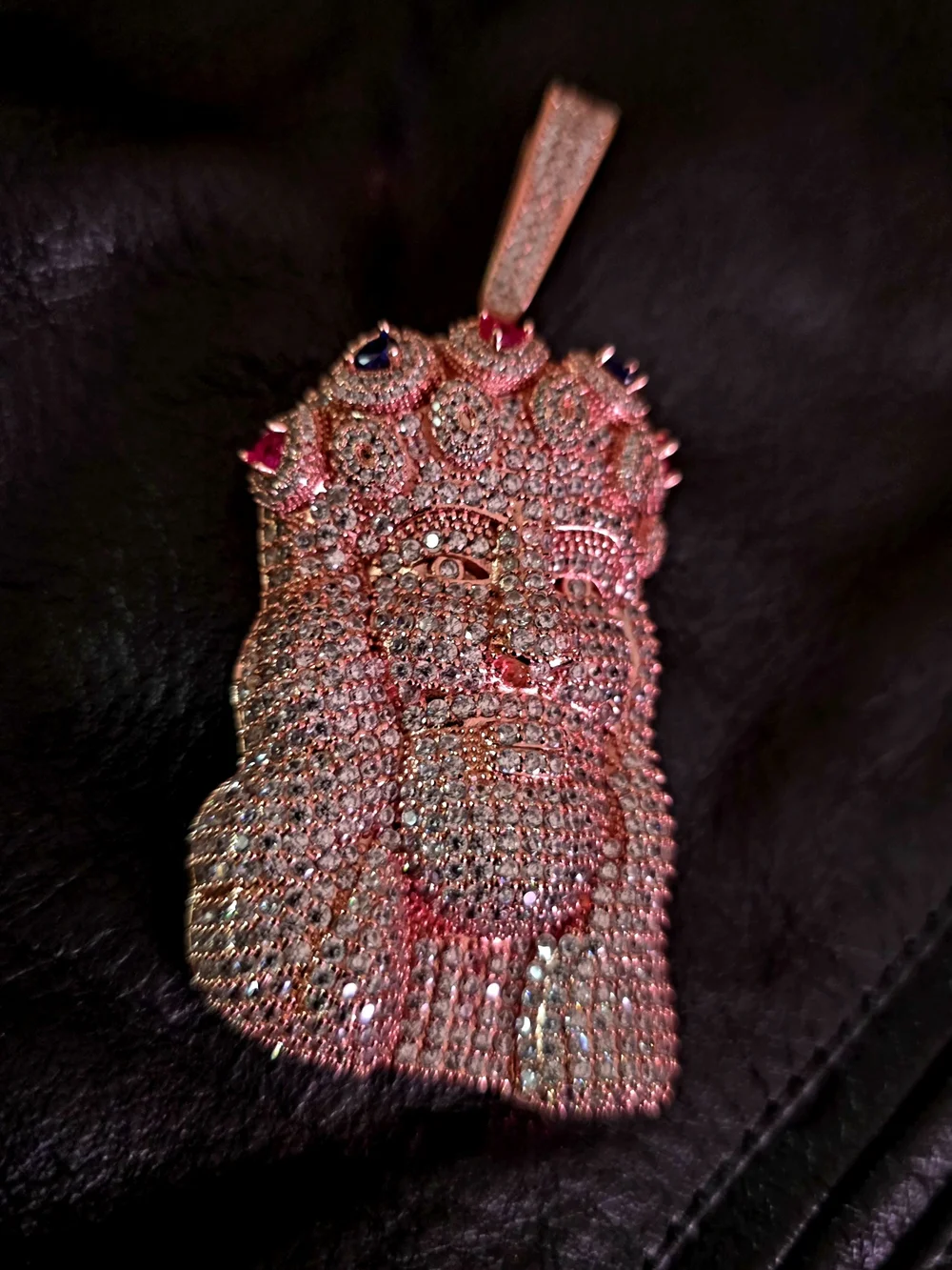 Rhinestone Jesus Piece Pendant - Pink and Gold Tone